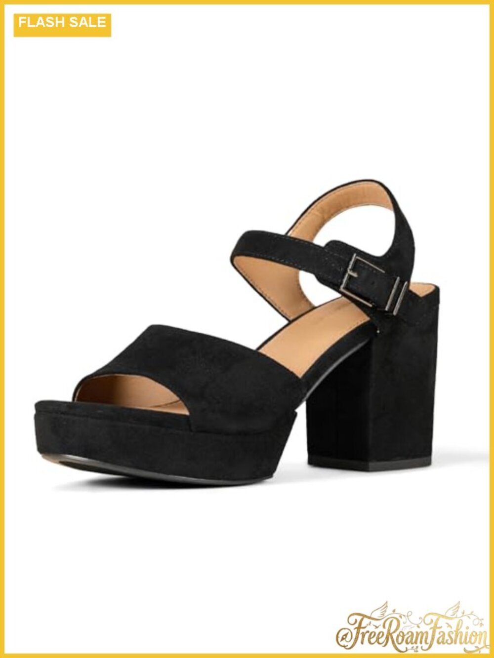 Platform Block Heel Sandals with Ankle Strap and Faux Suede